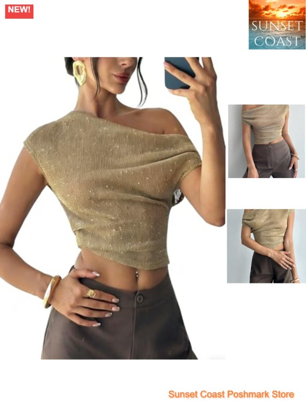 Off Shoulder Sequin Crop Top Asymmetrical Slim Fit Lightweight